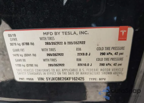 2019 Tesla Model X 100D/75D/Long Range z USA, uszkodzony, nr VIN 5YJXCBE26KF162425